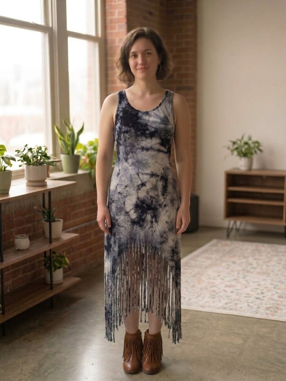 Sleeveless Black and White Tie-Dye Fringe Maxi Dress